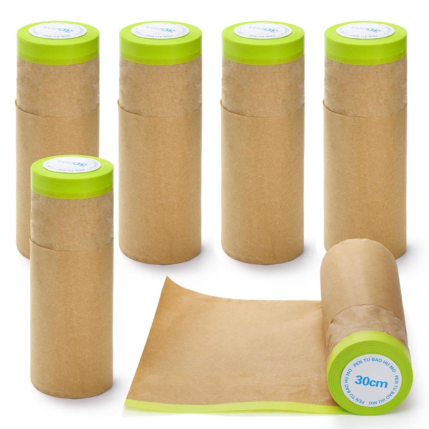 6 Rolls Masking Paper, Pre-Taped Masking Paper for Painting, 30CM X 9M/12'' X 30Ft Tape and Drape Automotive Paint Masking Paper for Car Wall Frame Floor Furniture Protection